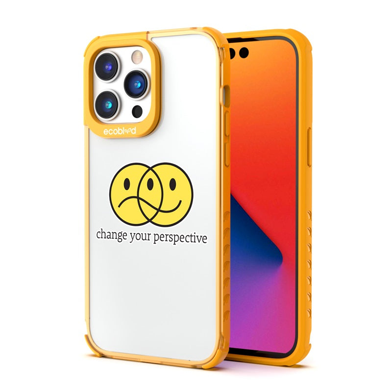Back View Of Yellow Eco-Friendly Laguna iPhone 14 Pro Case With The Perspective Design & Front View Of Screen