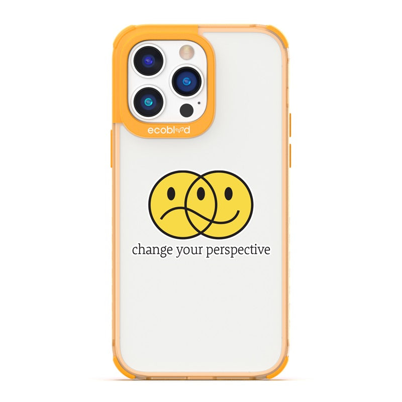 Laguna Collection - Yellow Compostable iPhone 14 Pro Case With Happy/Sad Face & Change Your Perspective On A Clear Back