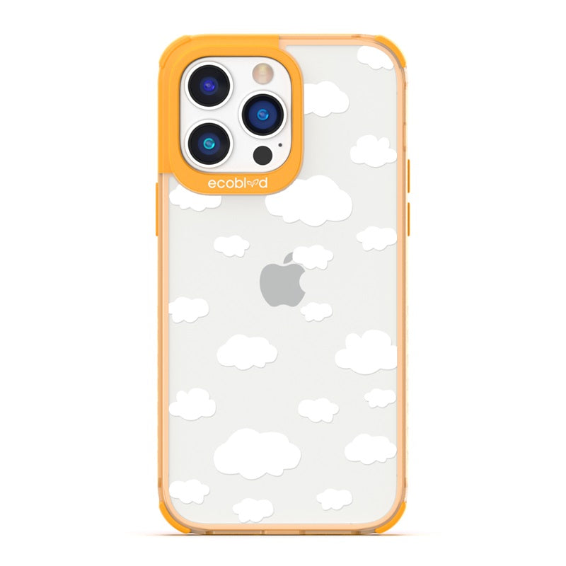 Laguna Collection - Yellow Eco-Friendly iPhone 14 Pro Case With A White Cartoon Clouds Print On A Clear Back - Compostable