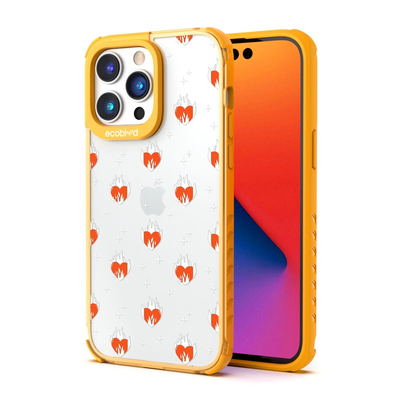 Back View Of The Yellow iPhone 14 Pro Laguna Case With Burning Hearts Design On A Clear Back And Front View Of The Screen