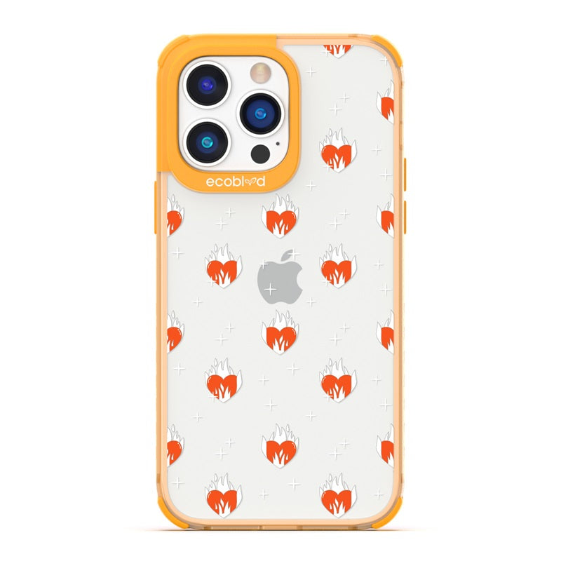 Laguna Collection - Yellow Eco-Friendly iPhone 14 Pro Case With A Flaming Red Hearts And Stars Pattern On A Clear Back