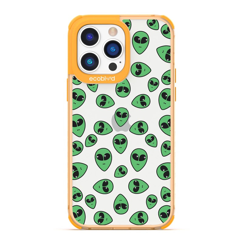 Laguna Collection - Yellow Eco-Friendly iPhone 14 Pro Case With Green Cartoon Alien Heads On A Clear Back - Compostable