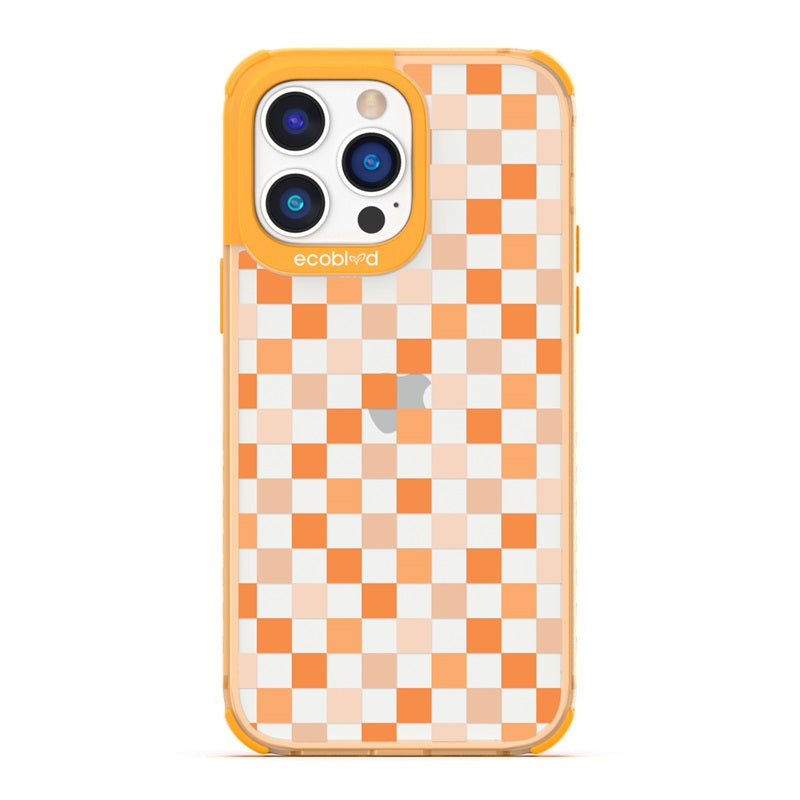 Laguna Collection - Yellow Eco-Friendly iPhone 14 Pro Case With A Checkered Print Pattern On A Clear Back - Compostable