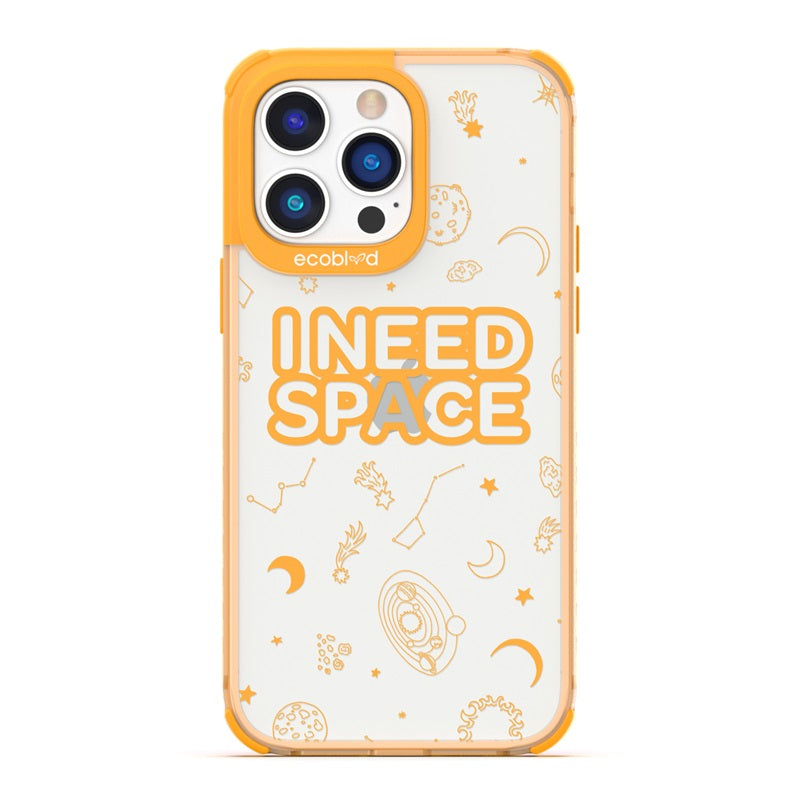 Laguna Collection - Yellow Eco-Friendly iPhone 14 Pro Case With I Need Space, Constellations, And Planets On A Clear Back