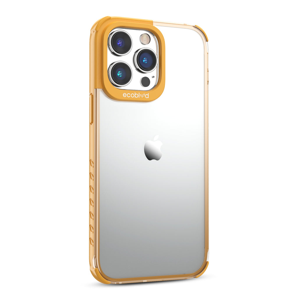 Right View Of Yellow Laguna Collection iPhone 14 Pro Case With A Clear Back Showing Raised Camera Ring & Non-Slip Grip