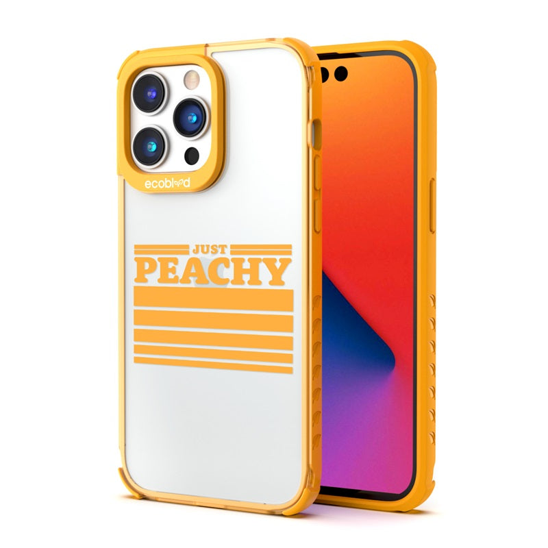 Back View Of The Yellow Compostable iPhone 14 Pro Laguna Case With Just Peachy Design & Front View Of The Screen