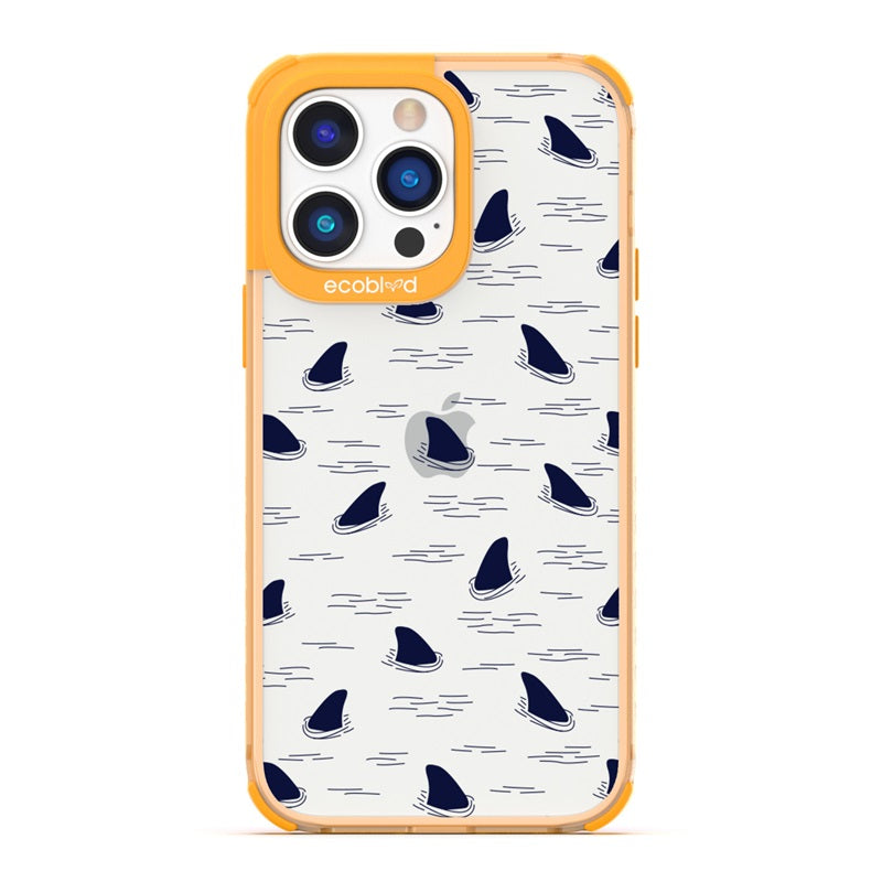 Laguna Collection - Yellow Eco-Friendly iPhone 14 Pro Case With Shark Fins Peeking From Water On A Clear Back - Compostable