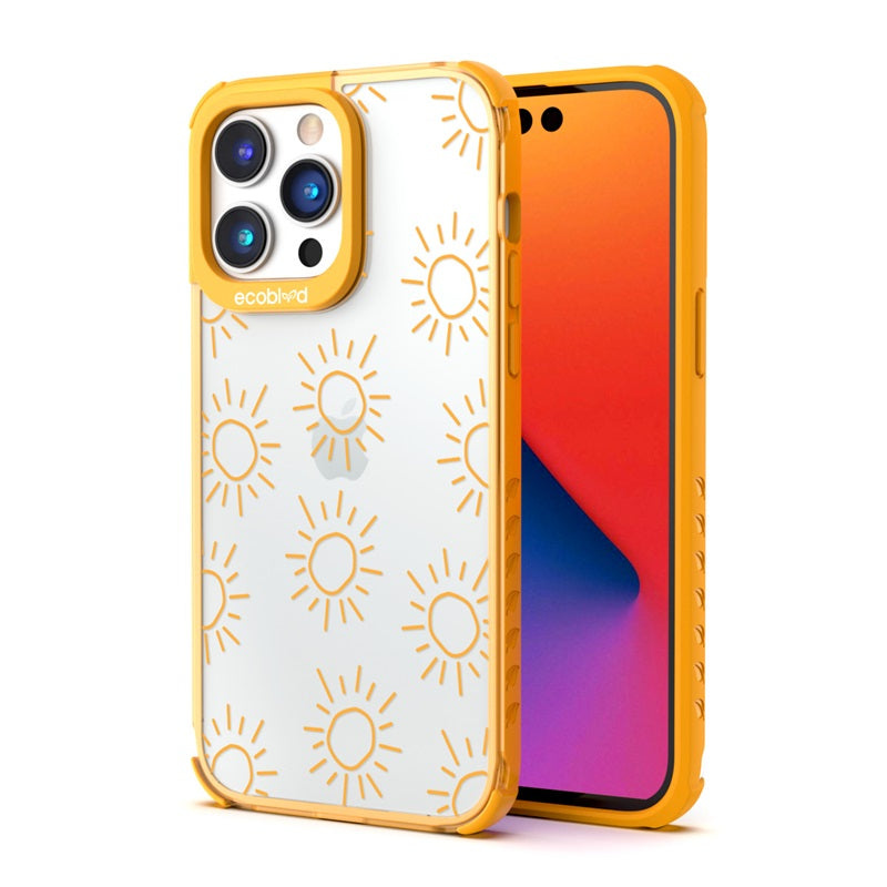 Back View Of The Yellow Eco-Friendly iPhone 14 Pro Laguna Case With Sun Design On A Clear Back And Front View Of The Screen