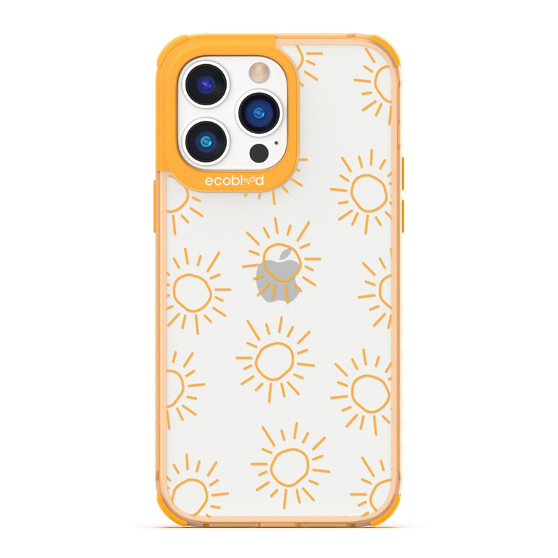 Laguna Collection - Yellow Eco-Friendly iPhone 14 Pro Case With Hand Drawn Sun Pattern On A Clear Back - Compostable