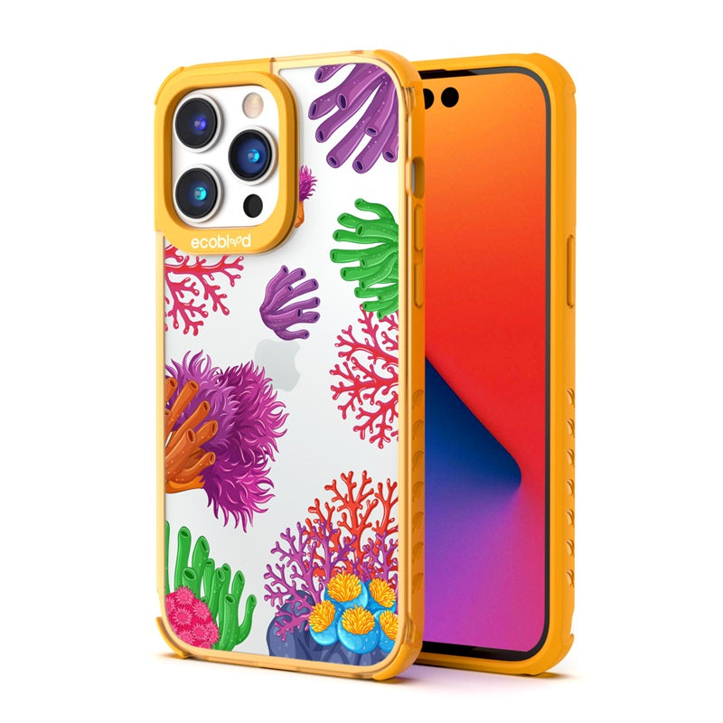 Back View Of Yellow Compostable iPhone 14 Pro Laguna Case With The Coral Reef Design & Front View Of The Screen
