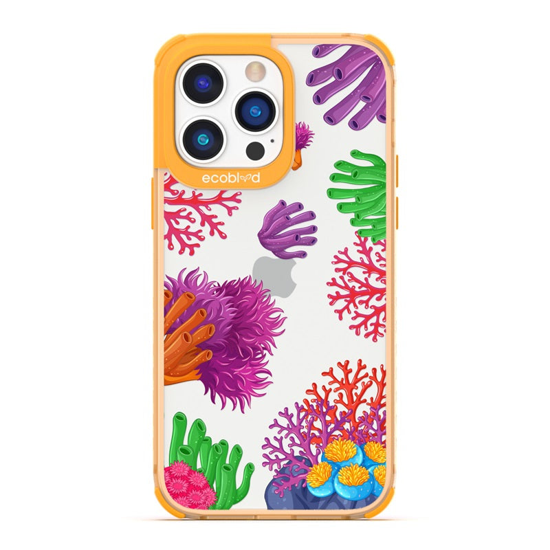 Laguna Collection - Yellow Eco-Friendly iPhone 14 Pro Case With A Colorful Underwater Coral Reef Pattern On A Clear Back