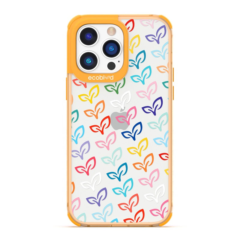 Laguna Collection - Yellow Eco-Friendly iPhone 14 Pro Case With A Colorful EcoBlvd V-Leaf Monogram Print On A Clear Back 