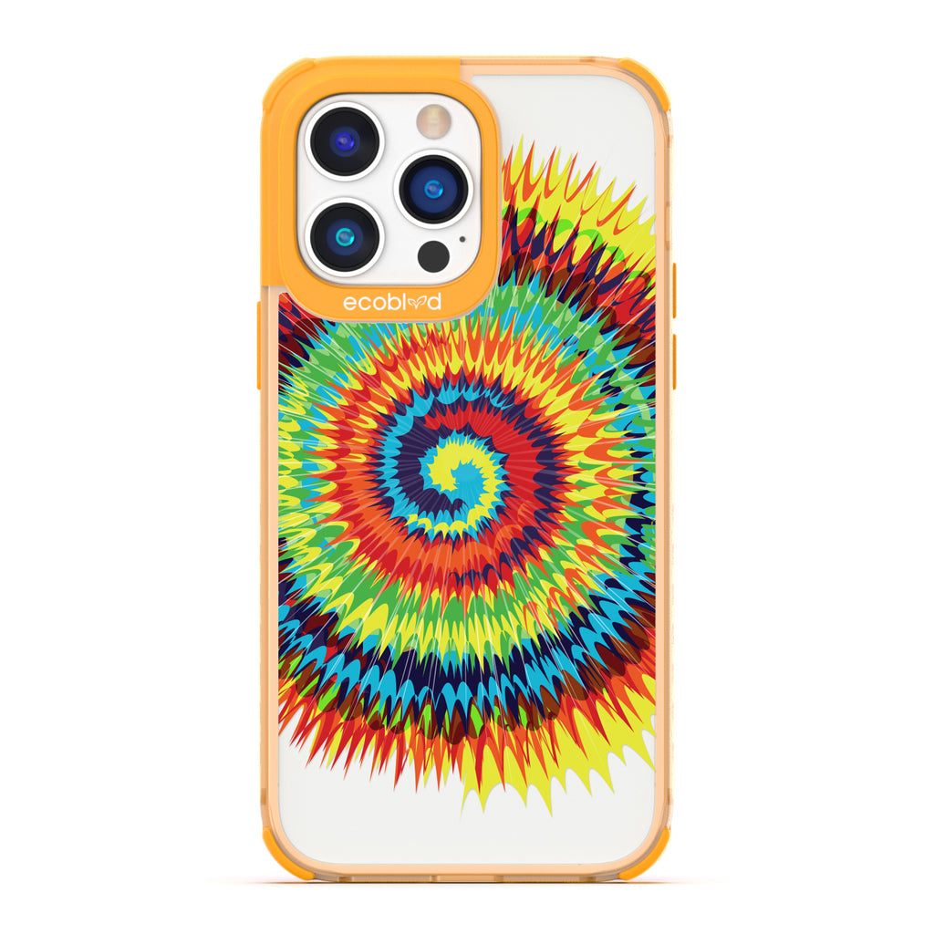 Laguna Collection - Yellow Eco-Friendly iPhone 14 Pro Case With A Retro Rainbow Tie Dye Print On A Clear Back