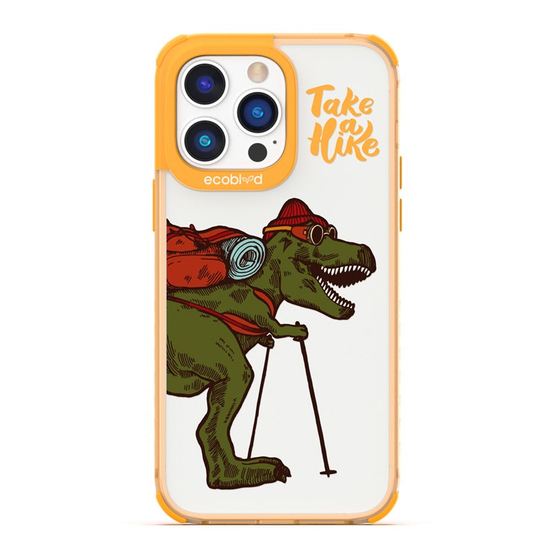 Laguna Collection - Yellow Eco-Friendly iPhone 14 Pro Case With A Trail-Ready T-Rex And Take A Hike Quote On A Clear Back 