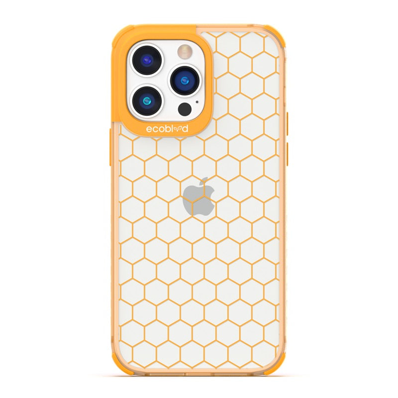 Laguna Collection - Yellow Eco-Friendly iPhone 14 Pro Case With A Geometric Honeycomb Pattern On A Clear Back - Compostable