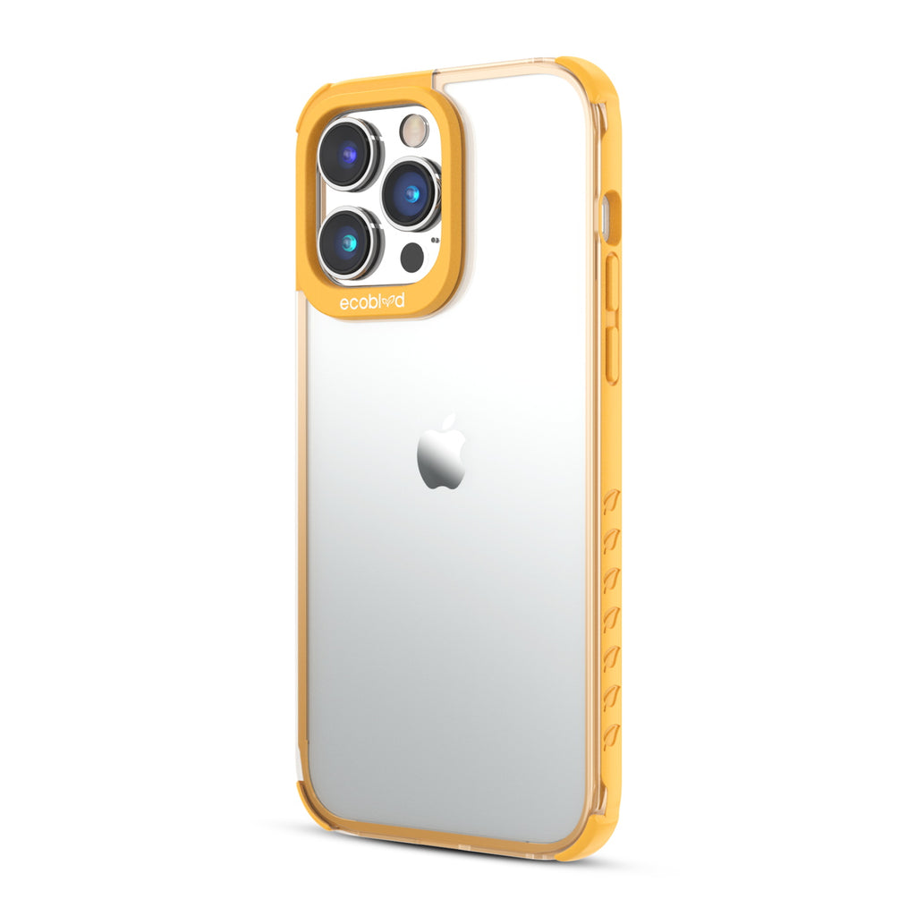 Left View Of Yellow Laguna Collection iPhone 14 Pro Case With A Clear Back Showing Volume Buttons & Non-Slip Grip