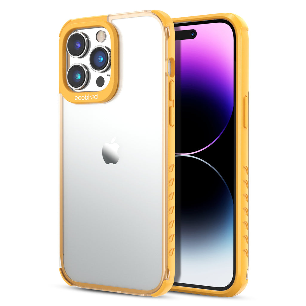 Back View Of The Yellow iPhone 14 Pro Laguna Collection Case With A Clear Back And Front View Of The Screen