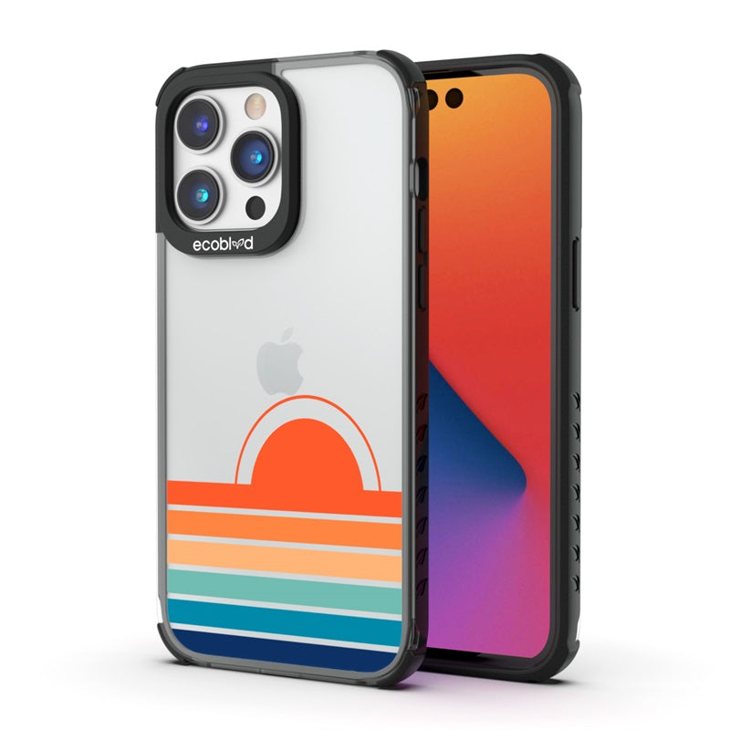 Back View Of Black iPhone 14 Pro Max Laguna Case With The Rise N' Shine Design On A Clear Back & Front View Of Screen