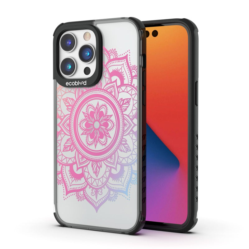 Back View Of Black Compostable iPhone 14 Pro Max Laguna Case With Mandala Design On A Clear Back & Front View Of The Screen