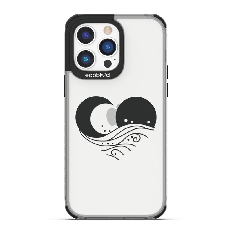 Laguna Collection - Black Eco-Friendly iPhone 14 Pro Max Case With The Sun, Moon & A Wave Forming A Heart On A Clear Back