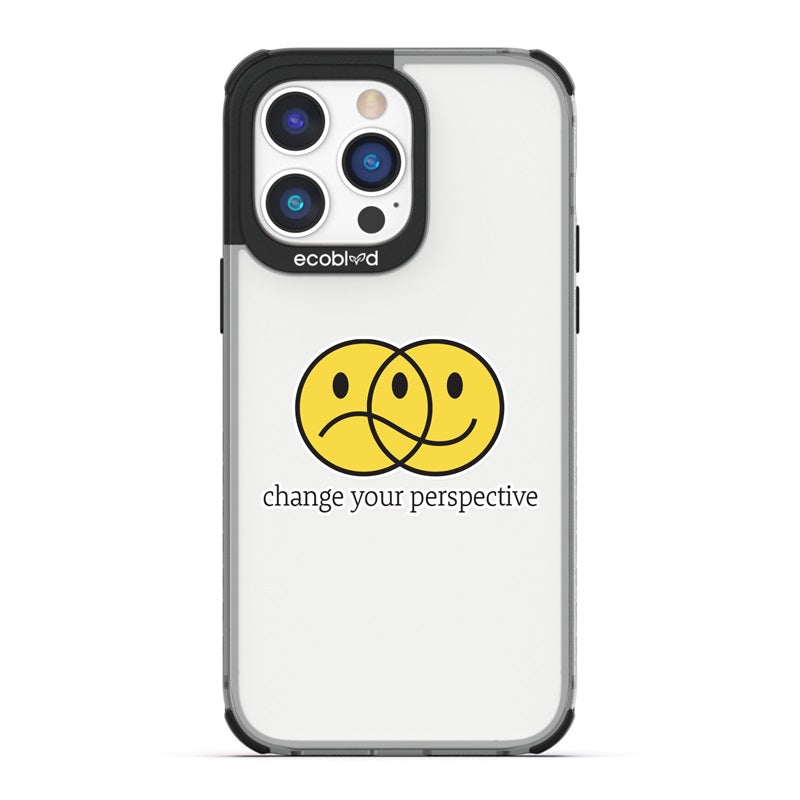 Laguna Collection - Black Compostable iPhone 14 Pro Max Case With Happy/Sad Face & Change Your Perspective On A Clear Back