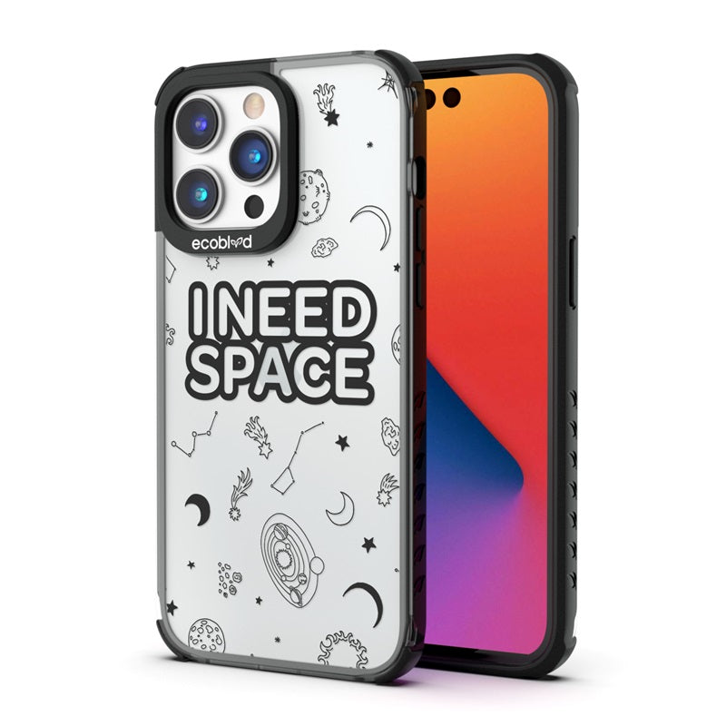 Back View Of The Black Compostable iPhone 14 Pro Max Laguna Case With I Need Space Design & Front View Of The Screen