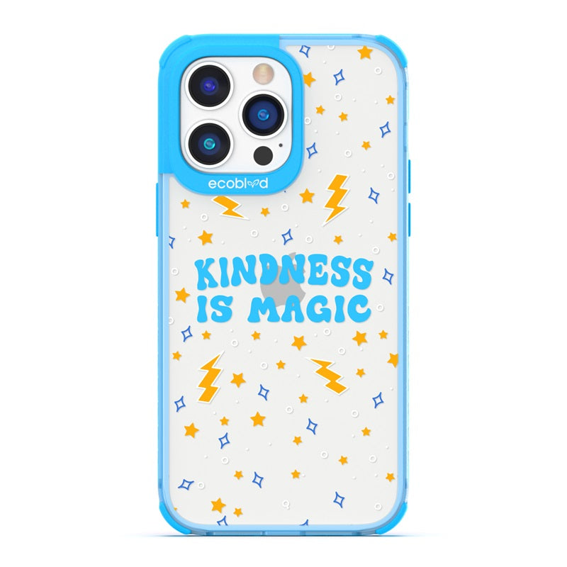 Laguna Collection - Blue Compostable iPhone 14 Pro Max Case With Kindness Is Magic, Lightning & Stars On A Clear Back