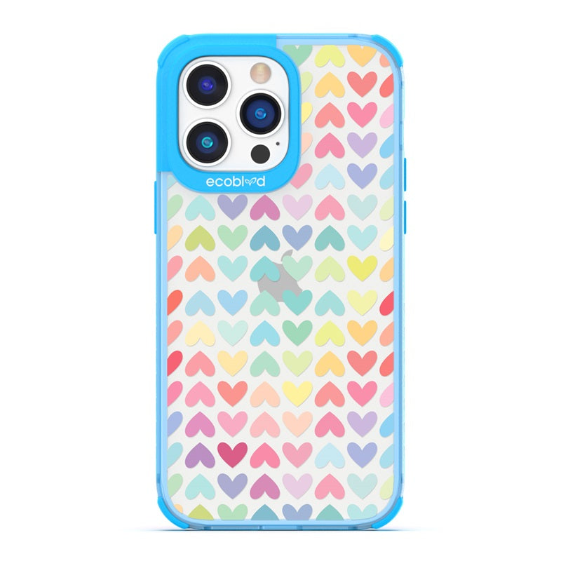 Laguna Collection - Blue Eco-Friendly iPhone 14 Pro Max Case With A Pastel Rainbow Hearts Pattern On A Clear Back