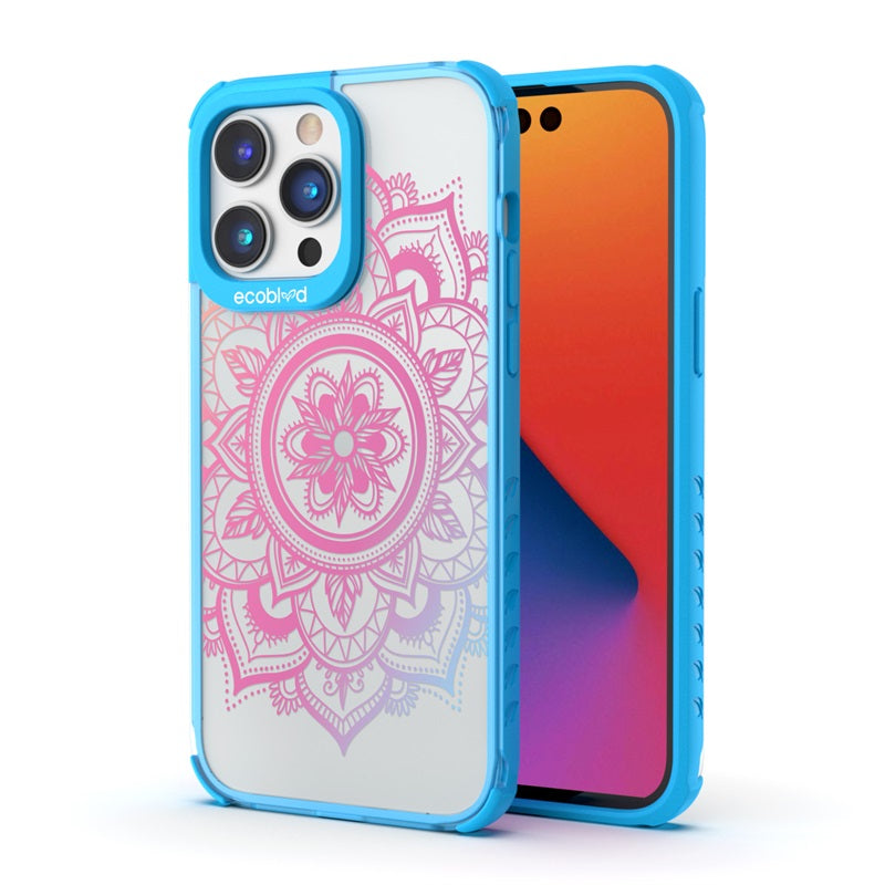 Back View Of Blue Compostable iPhone 14 Pro Max Laguna Case With Mandala Design On A Clear Back & Front View Of The Screen
