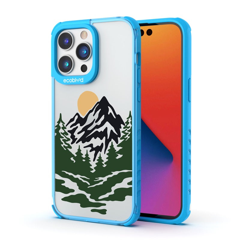 Back View Of Blue Compostable iPhone 14 Pro Max Laguna Case With Mountains Design On A Clear Back & Front View Of Screen