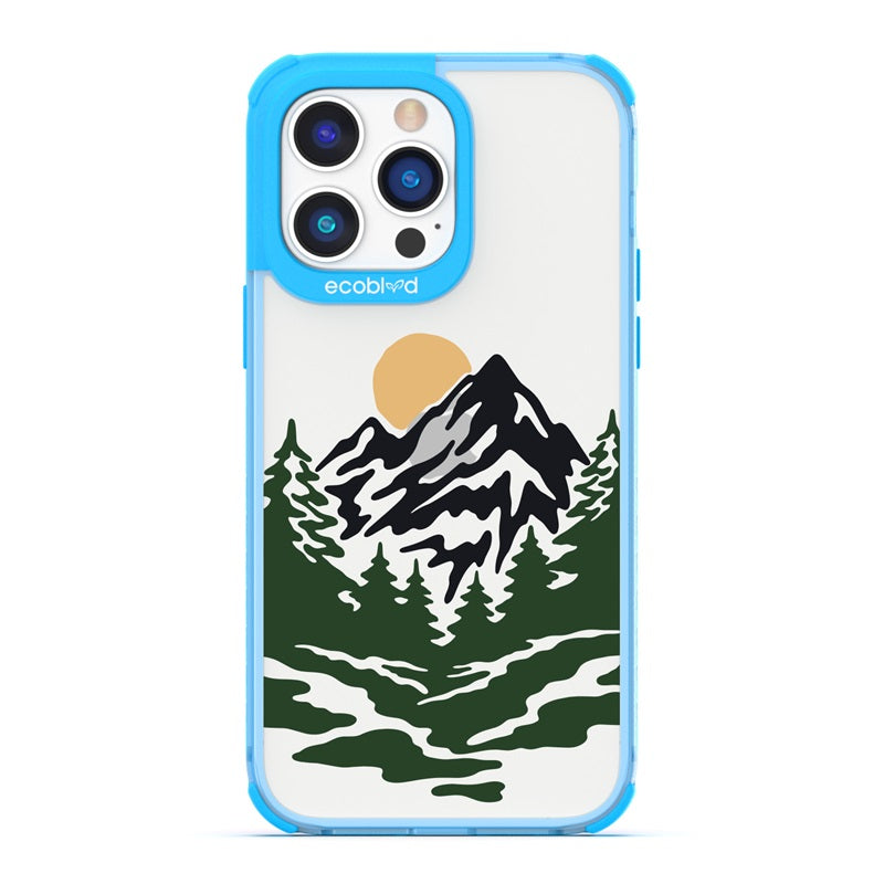 Laguna Collection - Blue Eco-Friendly iPhone 14 Pro Case With A Minimalist Moonlit Mountain Landscape On A Clear Back