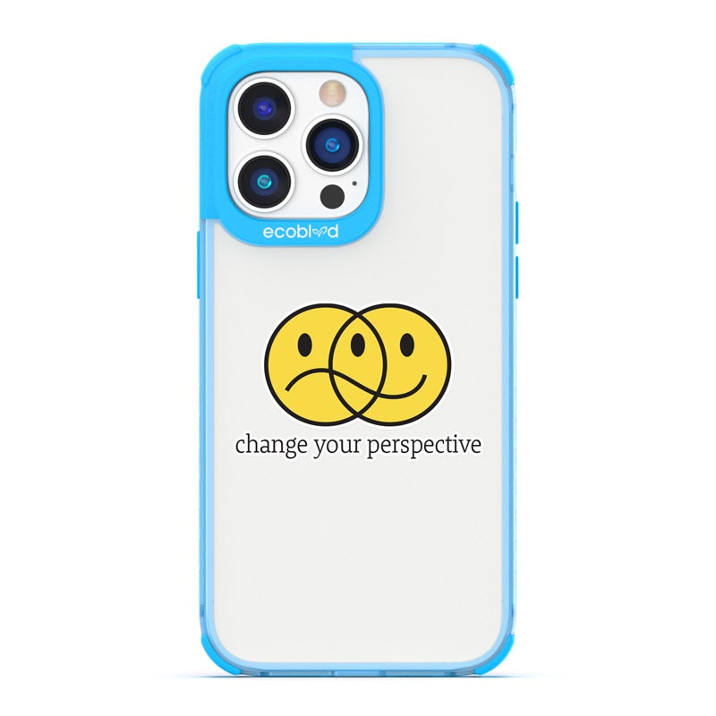 Laguna Collection - Blue Compostable iPhone 14 Pro Max Case With Happy/Sad Face & Change Your Perspective On A Clear Back