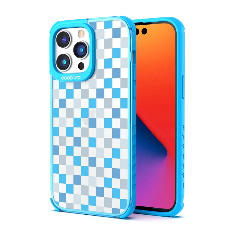 Back View Of Blue iPhone 14 Pro Max Laguna Case With The Checkered Print Design On Clear Back And Front View Of The Screen