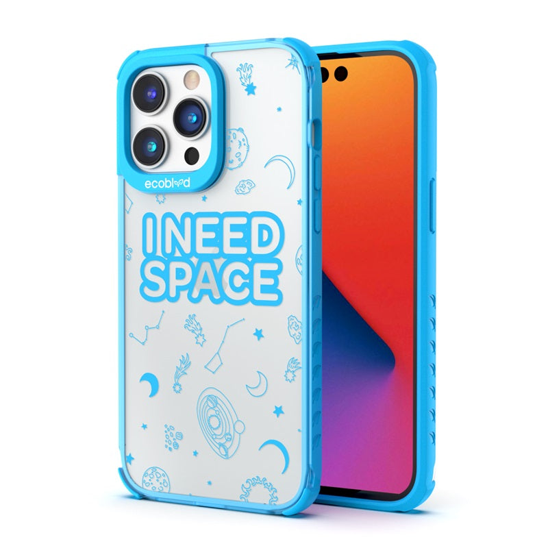 Back View Of The Blue Compostable iPhone 14 Pro Max Laguna Case With I Need Space Design & Front View Of The Screen