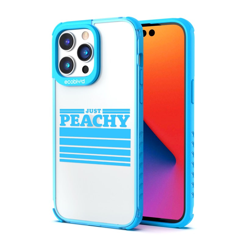 Back View Of Blue Compostable iPhone 14 Pro Max Laguna Case With Just Peachy On Clear Back & Front View Of The Screen