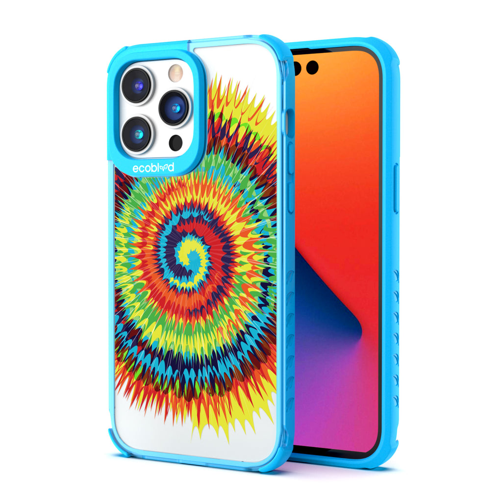 Back View Of Blue Compostable iPhone 14 Pro Max Laguna Case With The Tie Dye Design On A Clear Back & Front View Of Screen