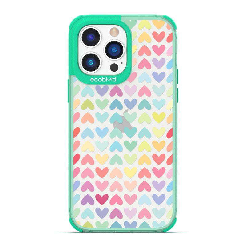 Laguna Collection - Green Eco-Friendly iPhone 14 Pro Max Case With A Pastel Rainbow Hearts Pattern On A Clear Back
