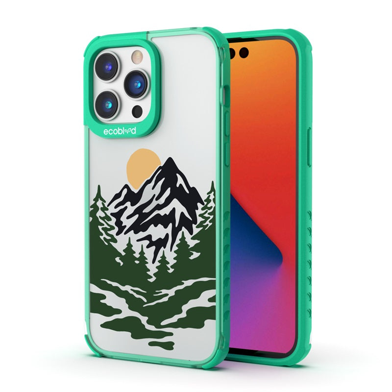 Back View Of Green Compostable iPhone 14 Pro Max Laguna Case With Mountains Design On A Clear Back & Front View Of Screen