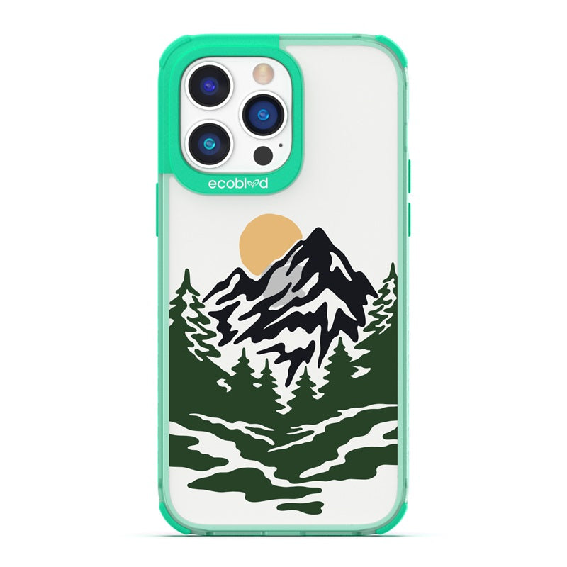 Laguna Collection - Green Eco-Friendly iPhone 14 Pro Case With A Minimalist Moonlit Mountain Landscape On A Clear Back