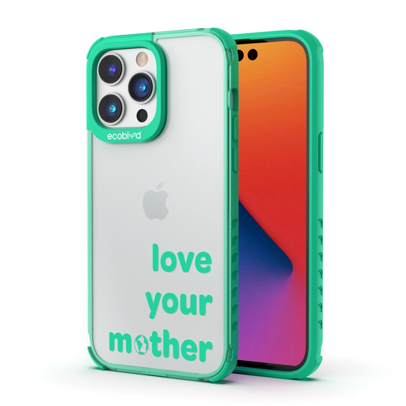 Back View Of Green Compostable iPhone 14 Pro Max Laguna Case With Love Your Mother Design & Front View Of Screen