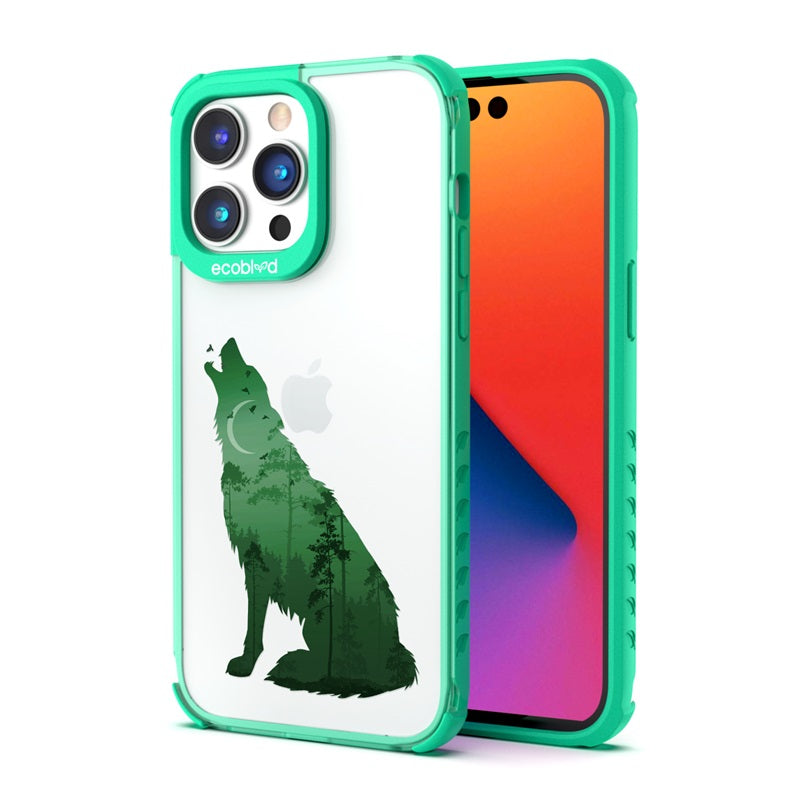 Back View Of The Green Compostable iPhone 14 Pro Max Laguna Case With The Howl At The Moon Design & Front View Of The Screen