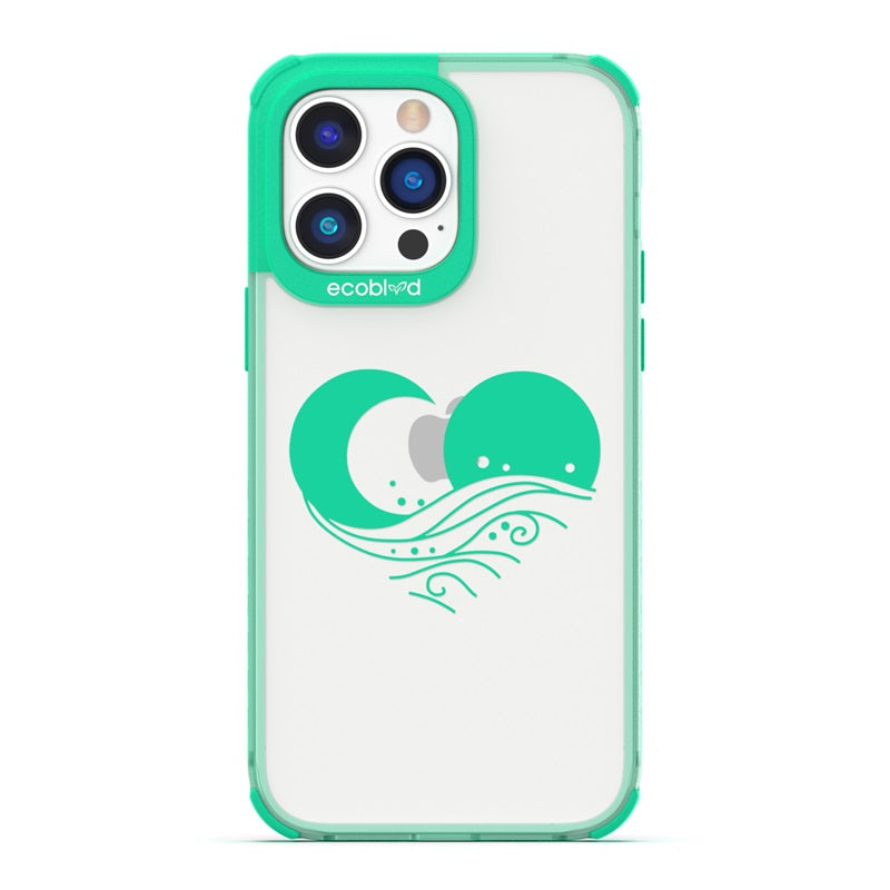 Laguna Collection - Green Eco-Friendly iPhone 14 Pro Max Case With The Sun, Moon & A Wave Forming A Heart On A Clear Back