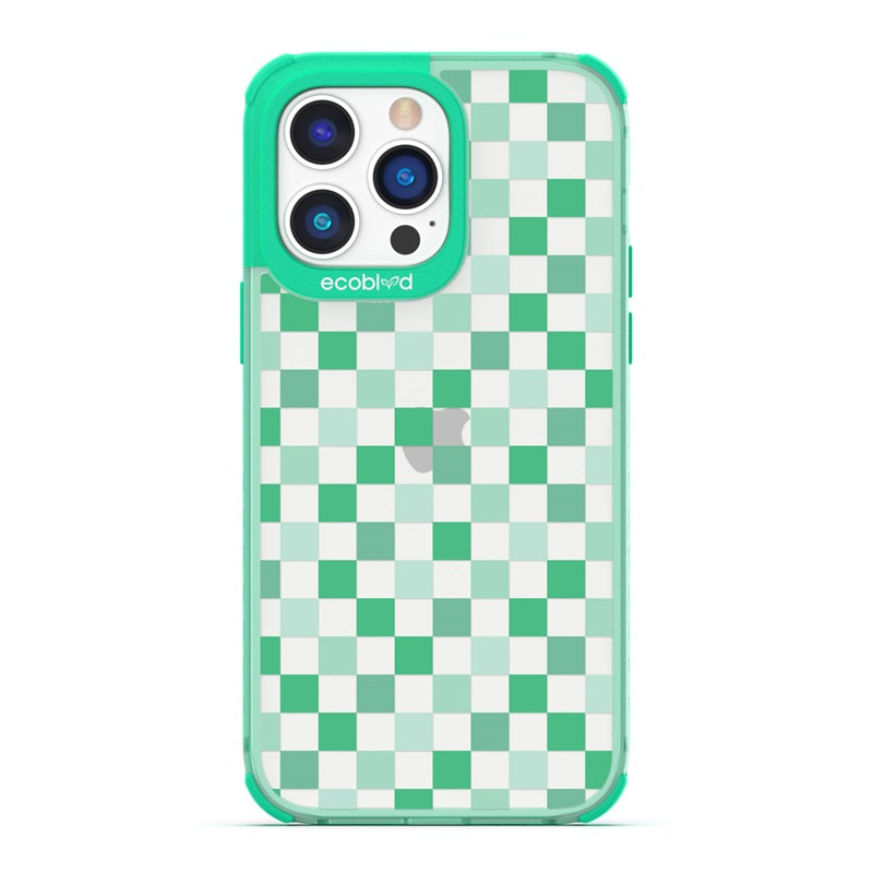 Laguna Collection - Green Eco-Friendly iPhone 14 Pro Max Case With A Checkered Print Pattern On A Clear Back - Compostable