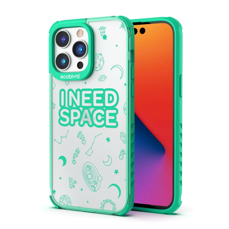 Back View Of The Green Compostable iPhone 14 Pro Max Laguna Case With I Need Space Design & Front View Of The Screen