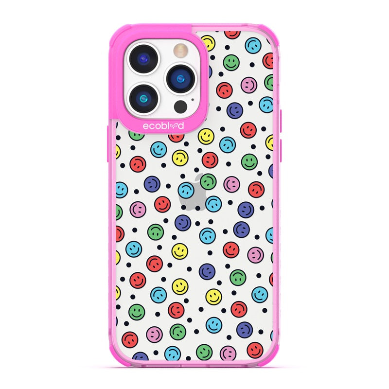 Laguna Collection - Pink Eco-Friendly iPhone 14 Pro Max Case With Multicolored Smiley Faces & Black Dots On A Clear Back