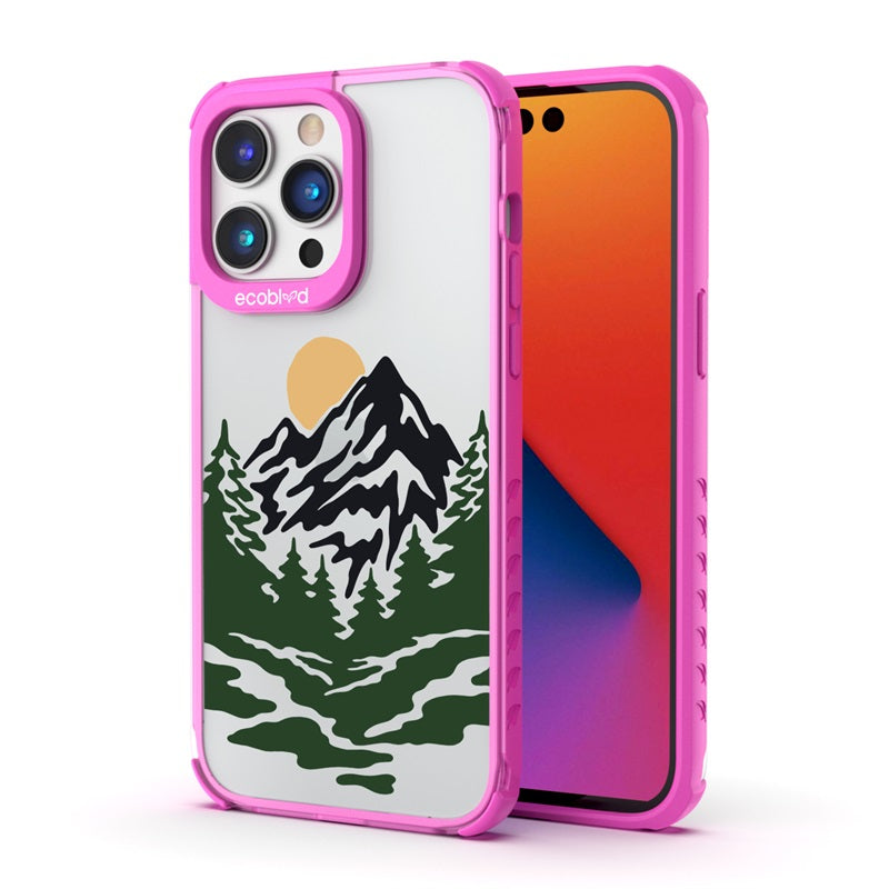 Back View Of Pink Compostable iPhone 14 Pro Max Laguna Case With Mountains Design On A Clear Back & Front View Of Screen