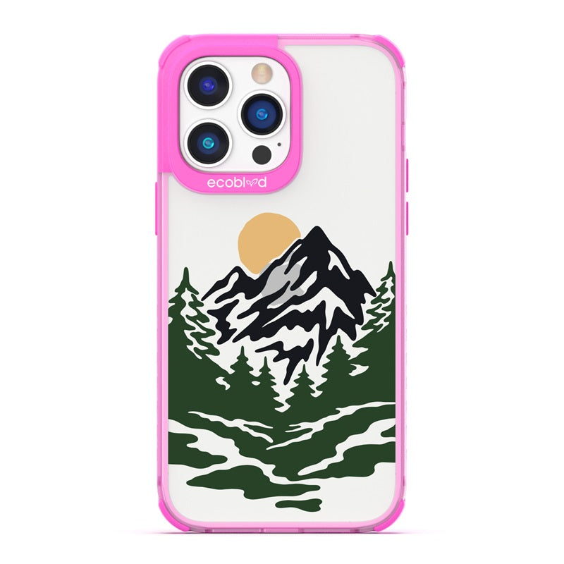 Laguna Collection - Pink Eco-Friendly iPhone 14 Pro Case With A Minimalist Moonlit Mountain Landscape On A Clear Back