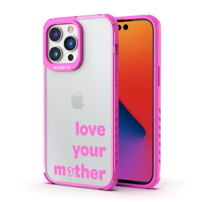 Back View Of Pink Compostable iPhone 14 Pro Max Laguna Case With Love Your Mother Design & Front View Of Screen