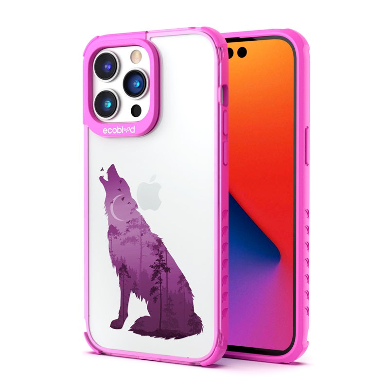 Back View Of The Pink Compostable iPhone 14 Pro Max Laguna Case With The Howl At The Moon Design & Front View Of The Screen