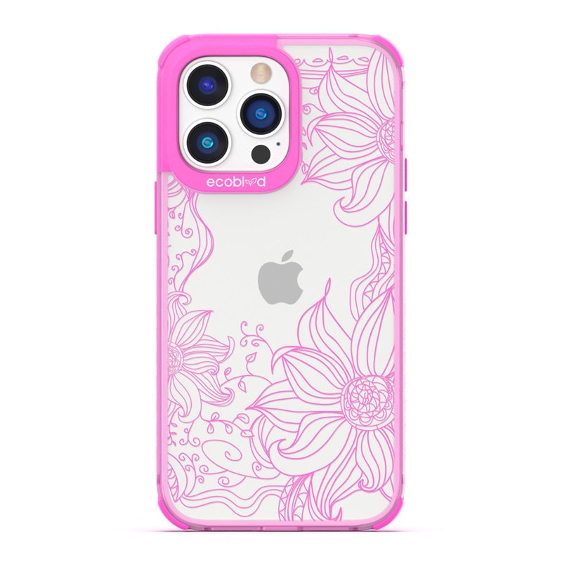 Laguna Collection - Pink Eco-Friendly iPhone 14 Pro Max Case With Sunflower Stencil Line Art On A Clear Back - Compostable